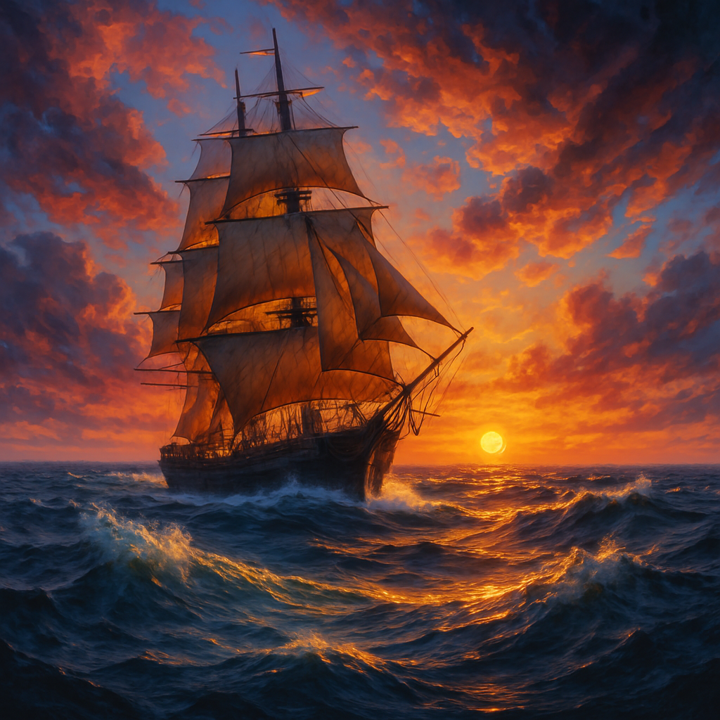 A majestic sailing ship navigating through turbulent seas at sunset
