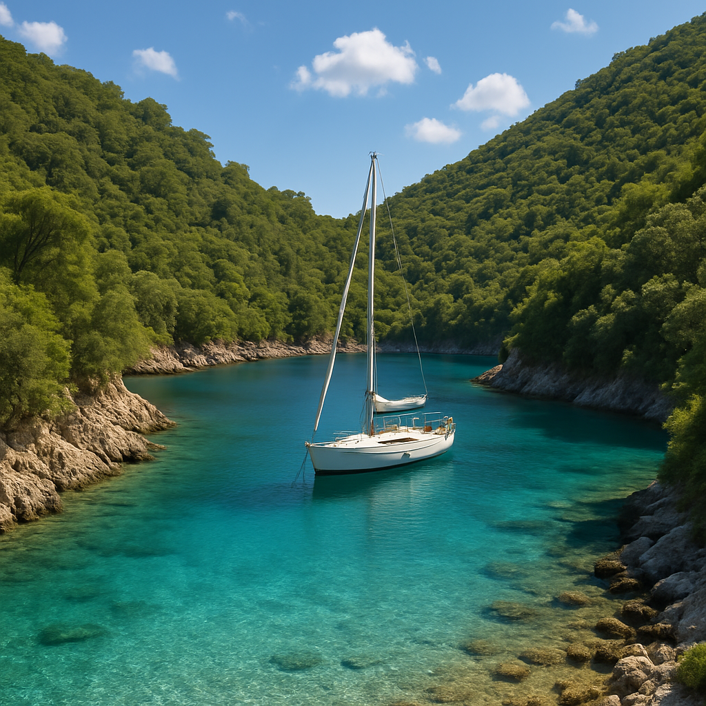 A secluded cove with a sailboat anchored