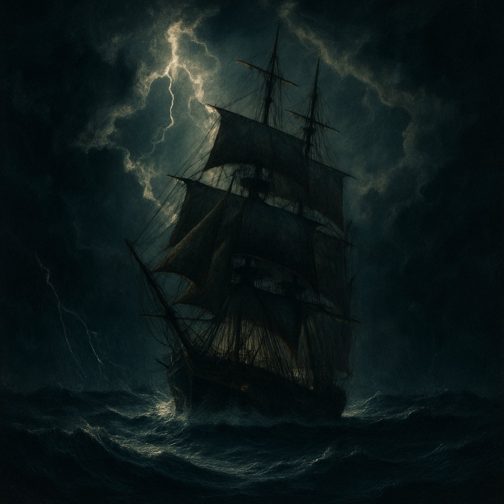 A vintage ship sailing during a stormy night