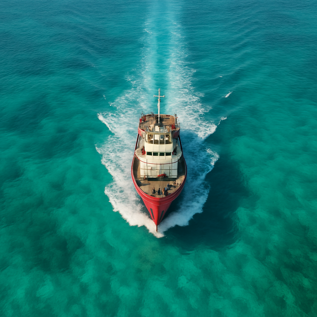 An aerial view of a ship sailing on a turquoise sea