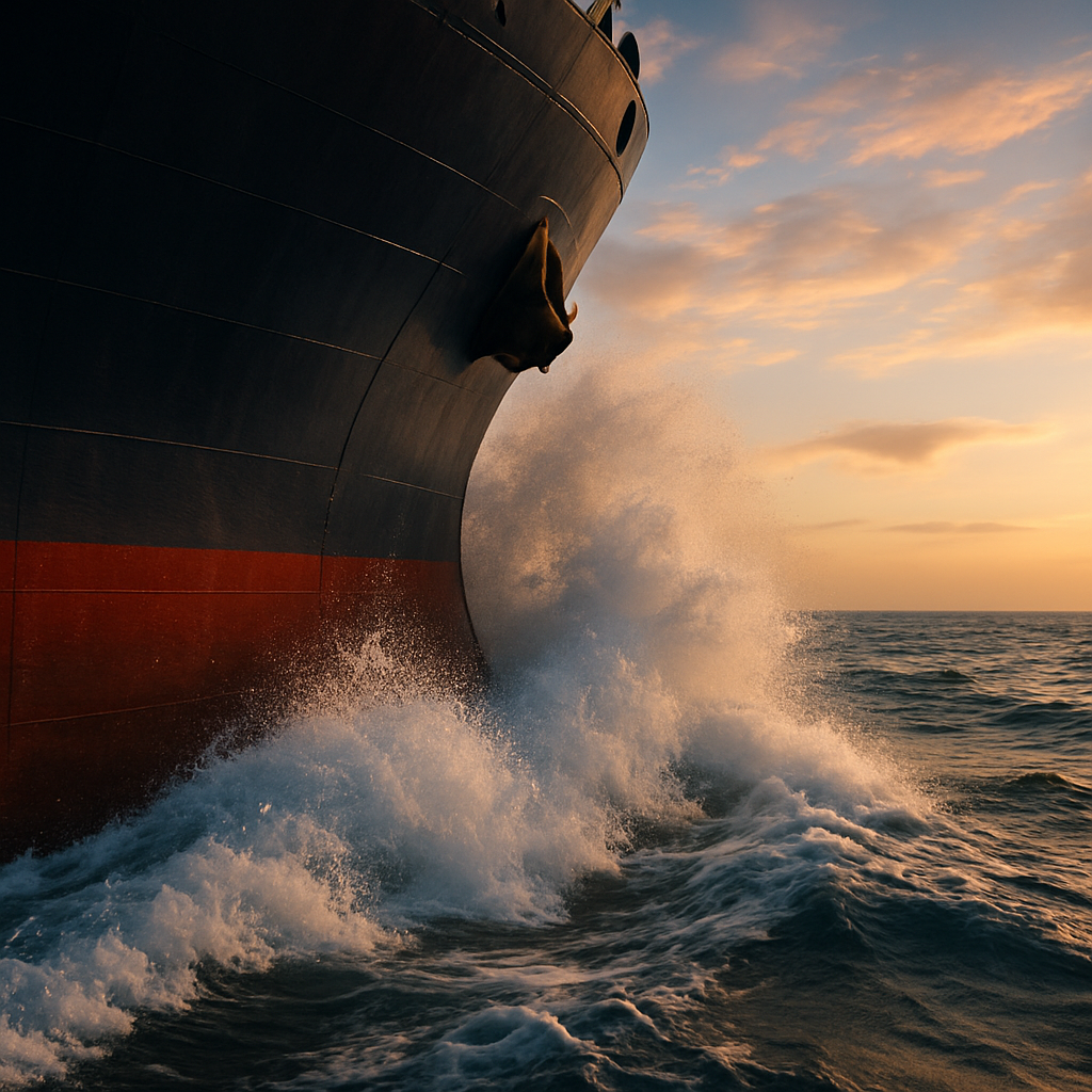 A close-up of a ship's bow cutting through the waves