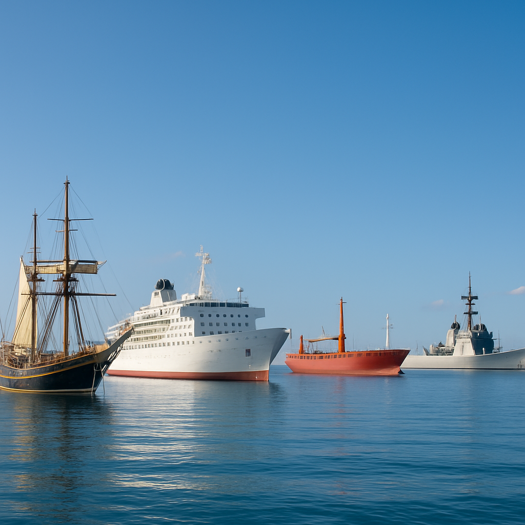 A fleet of ships anchored in a serene harbor under a clear blue sky