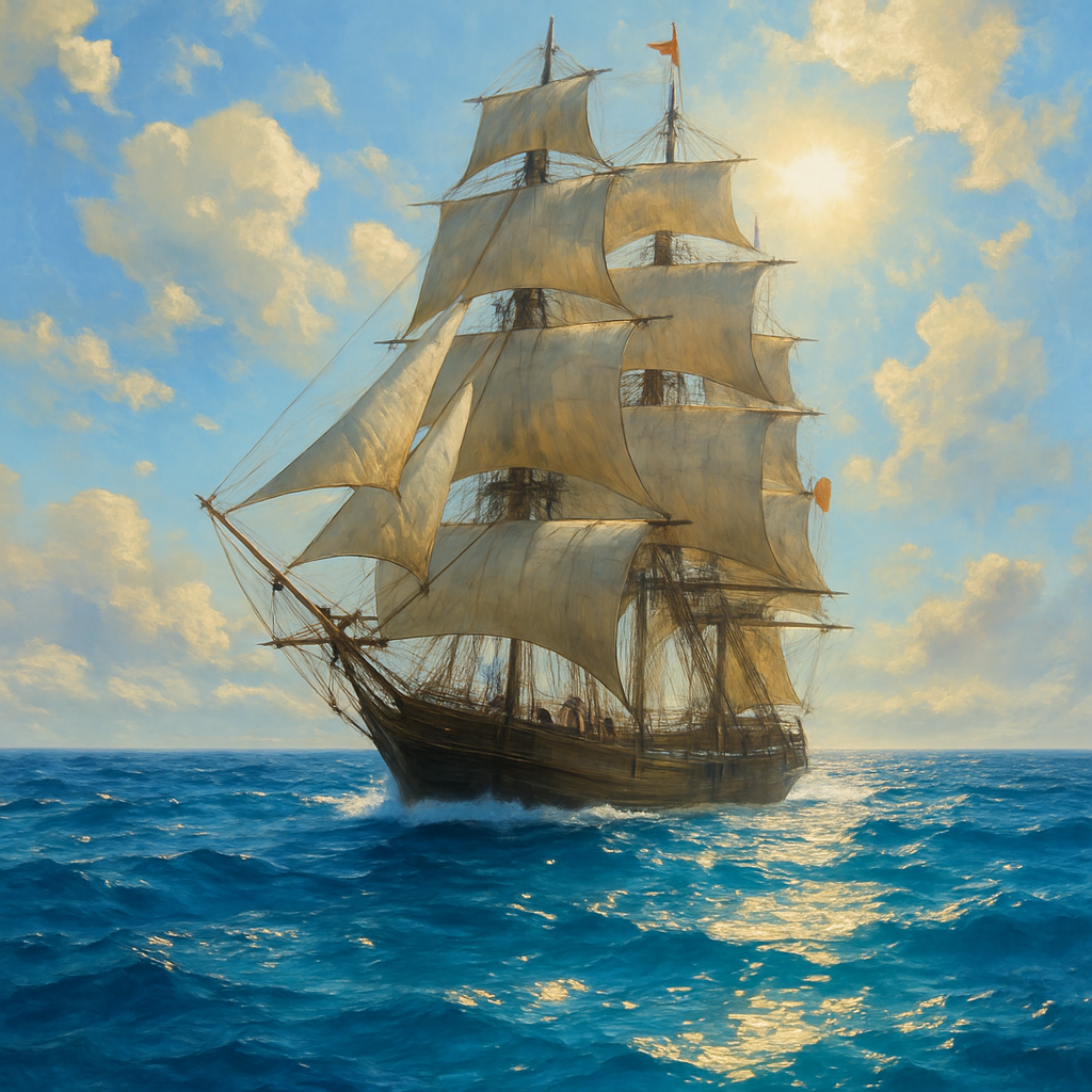 A majestic ship sailing on a vibrant blue sea