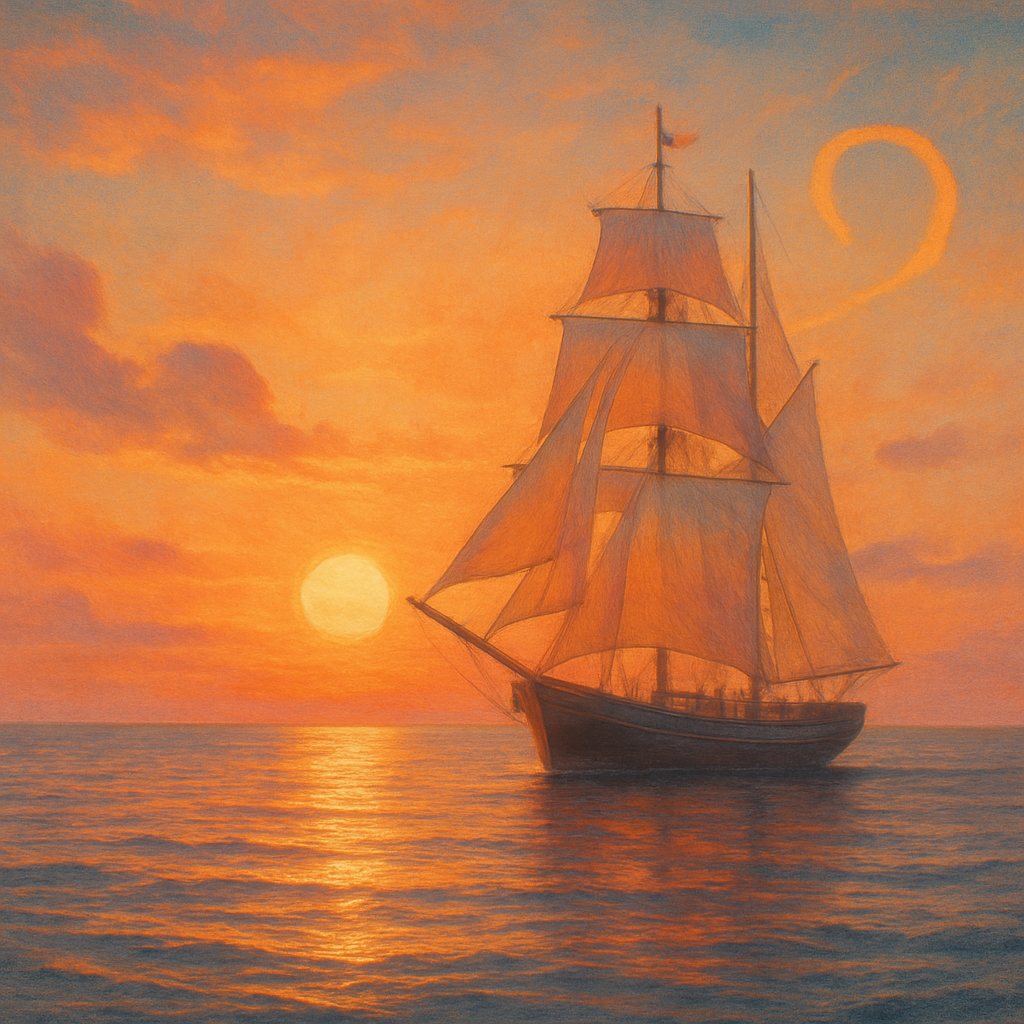 A serene view of a ship sailing on the sea at sunset, symbolizing communication and openness