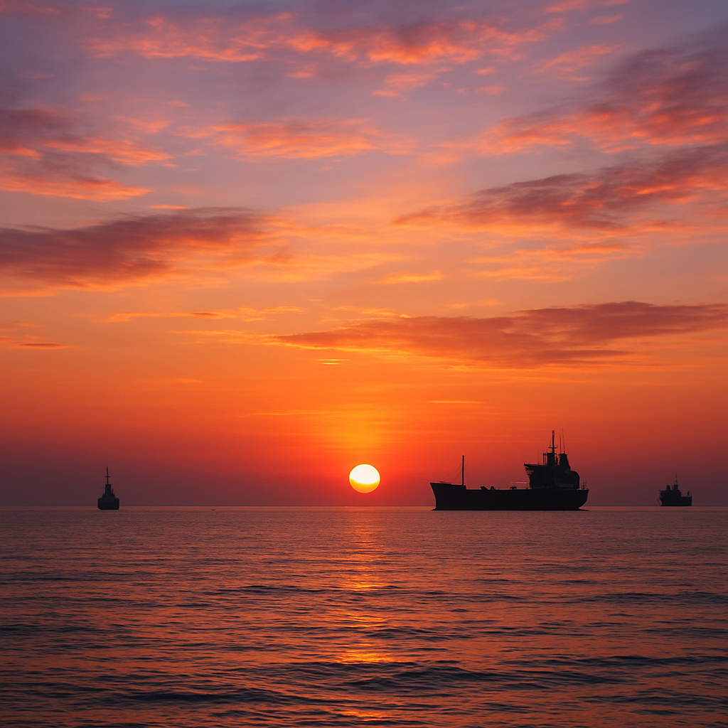 A peaceful sunset over the ocean with ships silhouetted against the sky